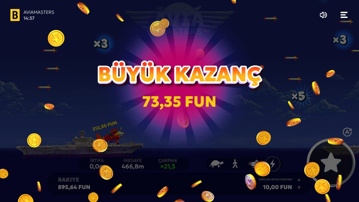 Aviamasters büyük kazanç ekranı, 21,3× iniş