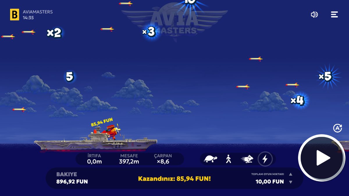 Aviamasters kazandınız 85,94 FUN, çarpan 8,6×