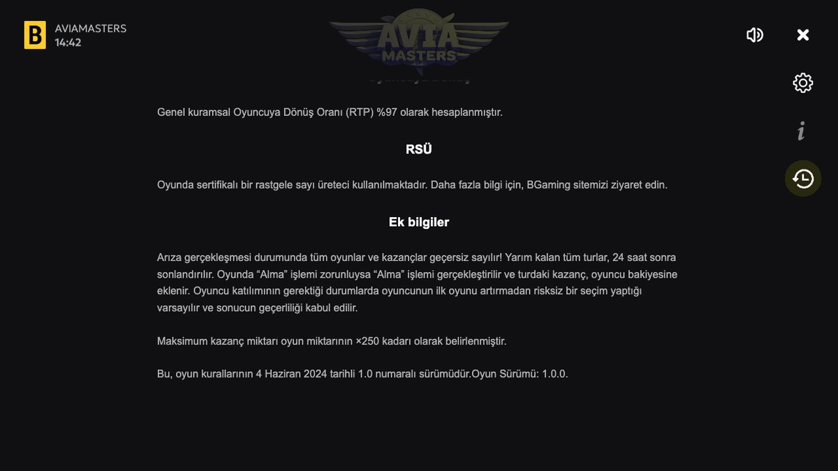 Aviamasters oyun içi kurallar, RTP %97 ve maksimum 250×