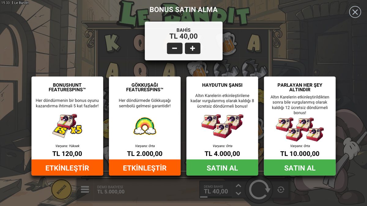 Le Bandit bonus satın alma menüsü: 120, 2.000, 4.000 ve 10.000 TL