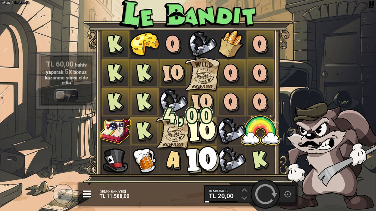 Le Bandit Wild'lı küme kazancı, ekranda Gökkuşağı ve altın kareler