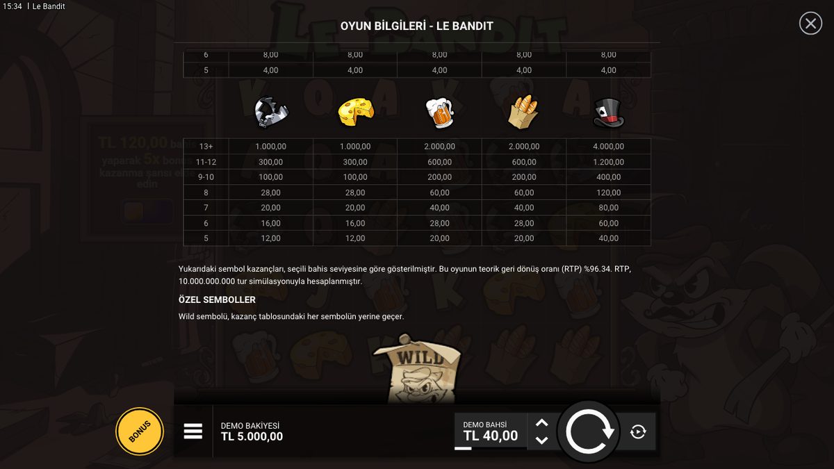 Le Bandit ödeme tablosu, küme büyüklüğüne göre kazançlar ve RTP %96,34