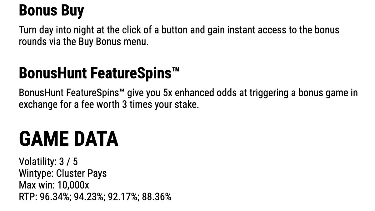 Le Bandit resmi oyun verileri: volatilite 3/5, cluster pays, 10.000x, RTP sürümleri