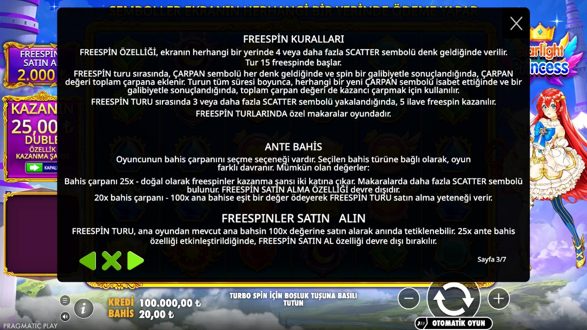 Starlight Princess freespin, ante bahis ve freespin satın alma kuralları