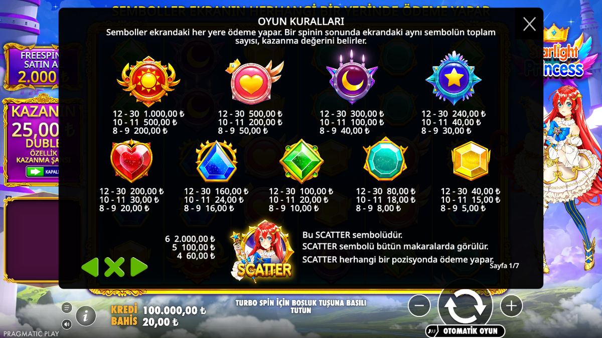 Starlight Princess ödeme tablosu ve scatter ödemeleri, 20 TL bahis