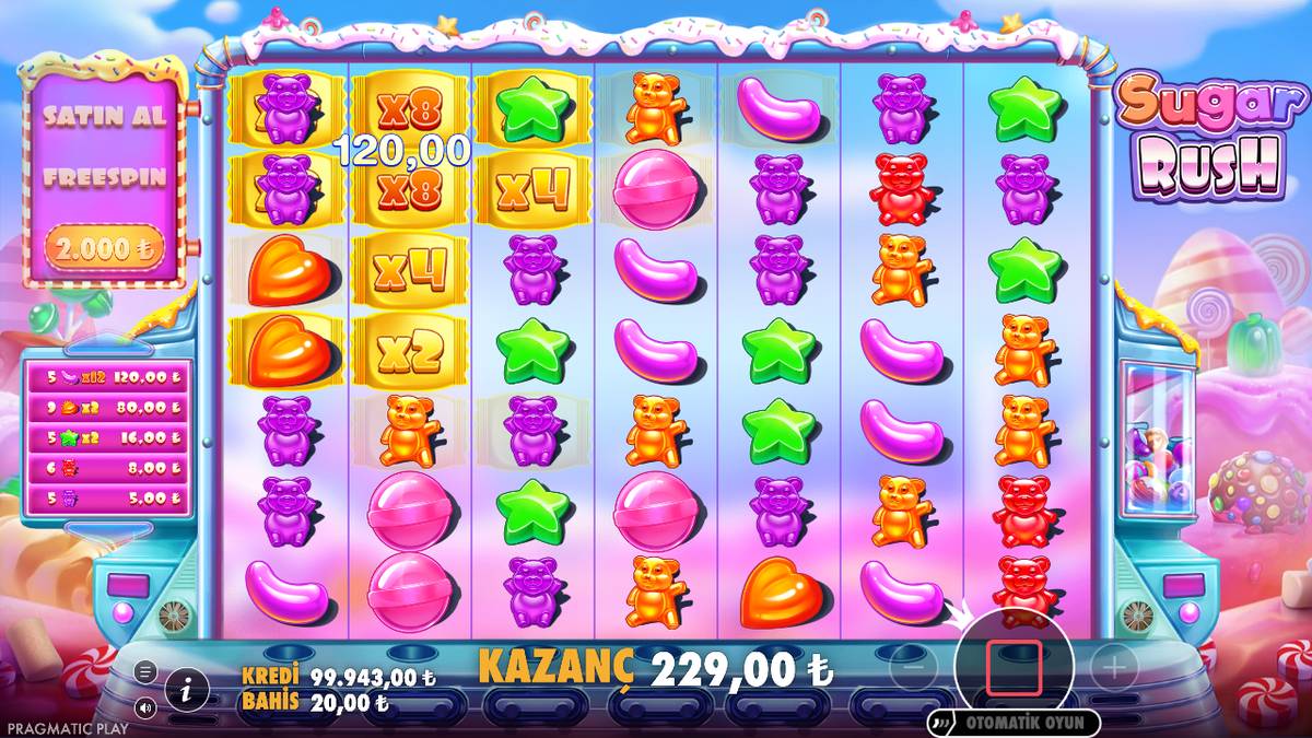 Sugar Rush x8 ve x4 çarpanlı hücrelerle kazanç, 229 TL