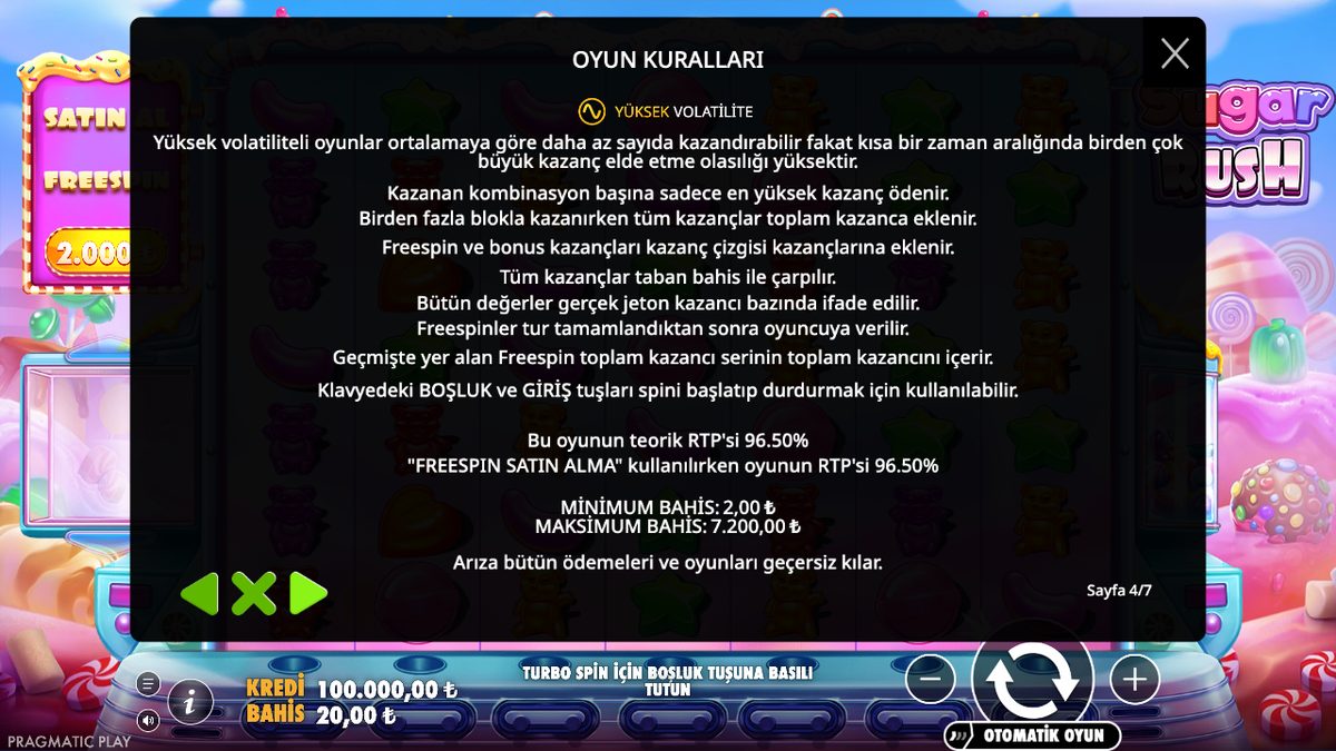 Sugar Rush kurallar sayfası: yüksek volatilite, RTP %96,50, bahis 2–7.200 TL